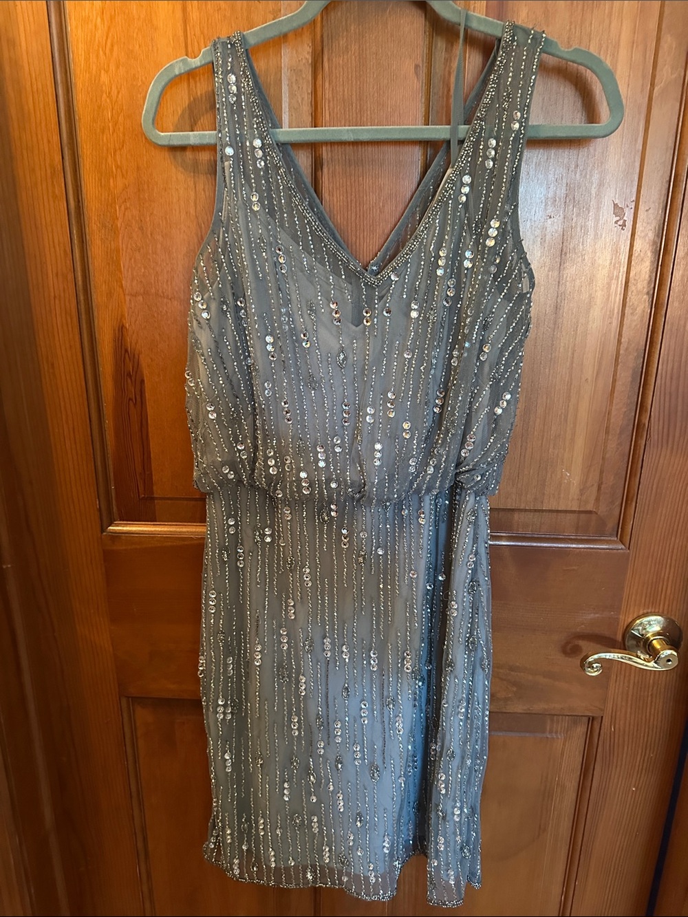 Adrianna Papell Gray Sequin V-Neck Cocktail Dress